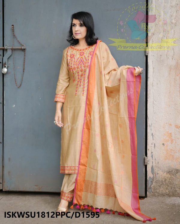 Embroidered Cotton Silk Kurti With Pant And Linen Dupatta-ISKWSU1812PPC/D1595