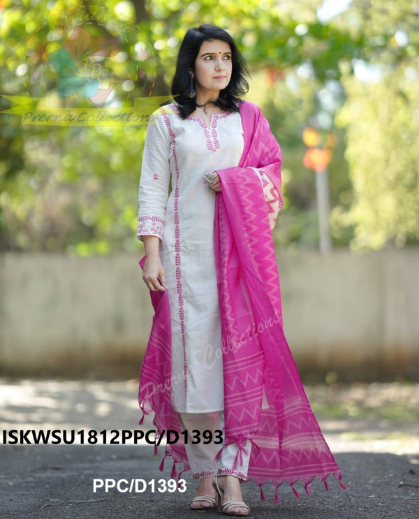 Handloom Cotton Kurti With Pant And Ikkat Printed Khadi Silk Dupatta-ISKWSU1812PPC/D1393