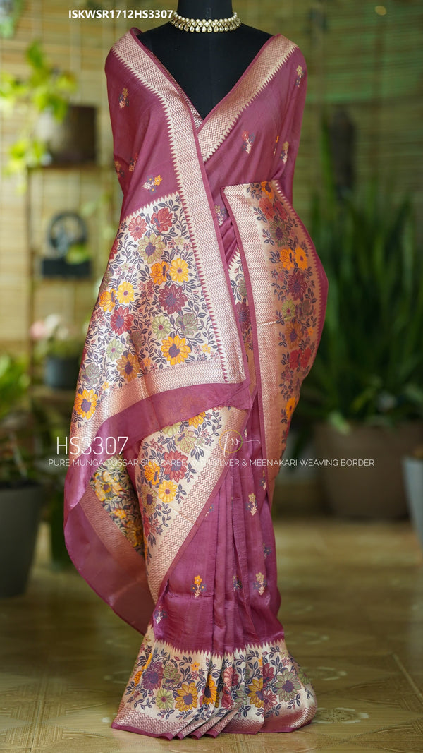 Munga Tussar Silk Saree With Brocade Blouse-ISKWSR1712HS3307