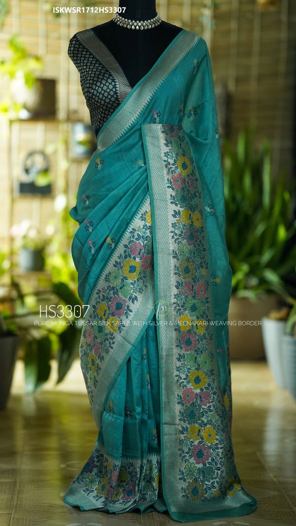 Munga Tussar Silk Saree With Brocade Blouse-ISKWSR1712HS3307