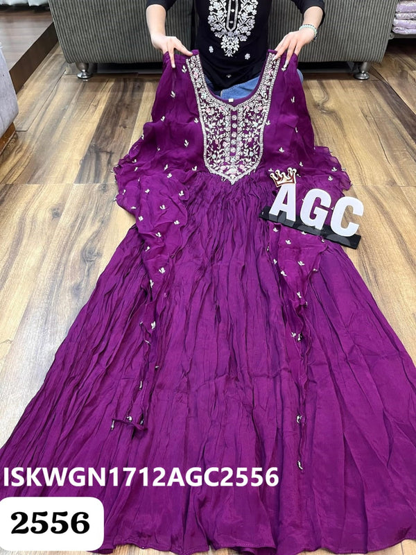 Embroidered Maslin Silk Gown Attached With Drape-ISKWGN1712AGC2556