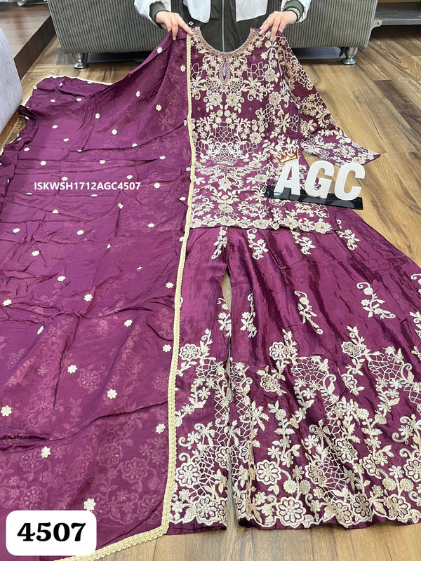 Embroidered Silk Kurti With Sharara And Dupatta-ISKWSH1712AGC4507