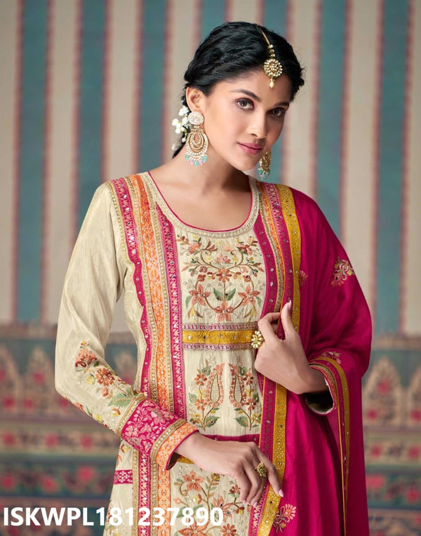 Embroidered Shimmer Silk Kurti With Chinon Silk Palazzo And Dupatta-ISKWPL181237890