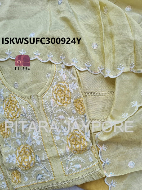 Embroidered Tissue Silk Flared Kurti With Tissue Pant And Dupatta-ISKWSUFC300924B/FC300924Y