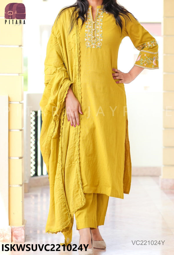 Embroidered Linen Cotton Kurti With Pant And Dupatta-ISKWSUVC221024Y