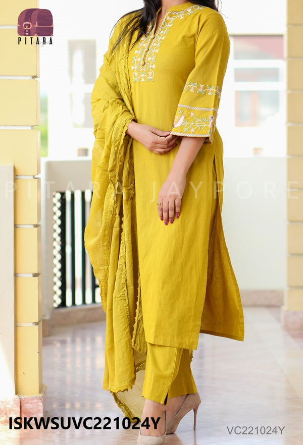 Embroidered Linen Cotton Kurti With Pant And Dupatta-ISKWSUVC221024Y