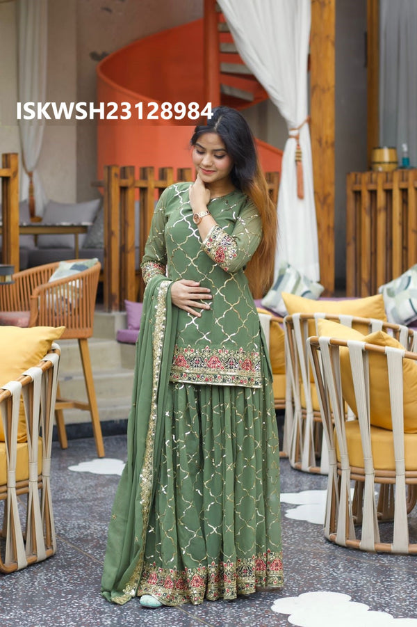 Embroidered Georgette Kurti With Sharara And Dupatta-ISKWSH23128984