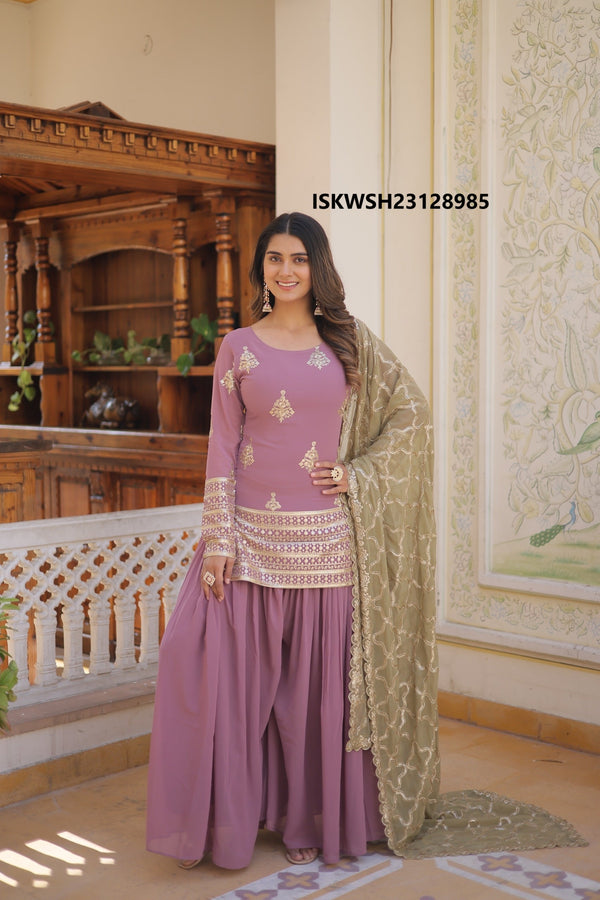 Embroidered Georgette Kurti With Sharara And Dupatta-ISKWSH23128985