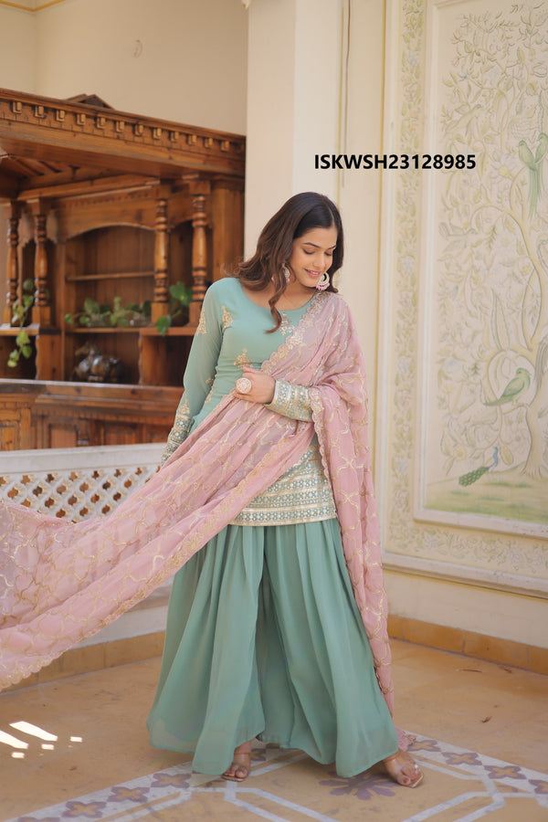 Embroidered Georgette Kurti With Sharara And Dupatta-ISKWSH23128985