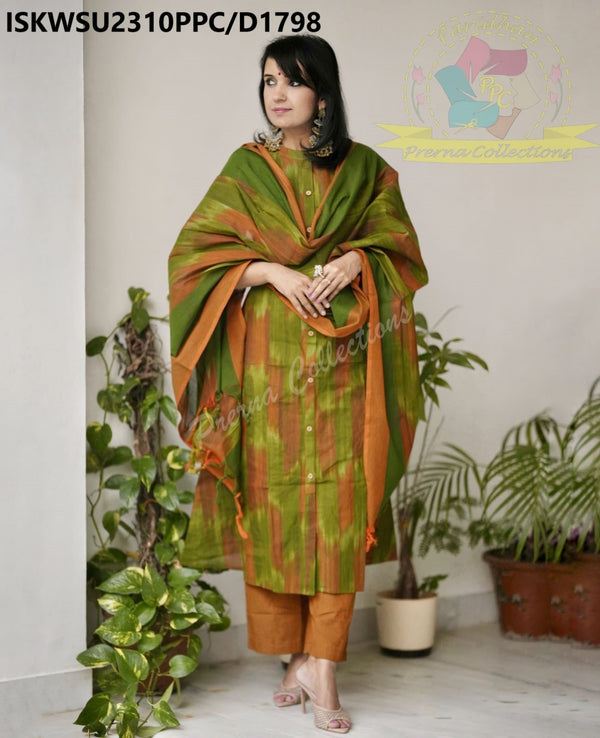 Ikkat Weaved Handloom A-Line Kurti With Handloom Cotton Pant And Dupatta-ISKWSU2310PPC/D1798