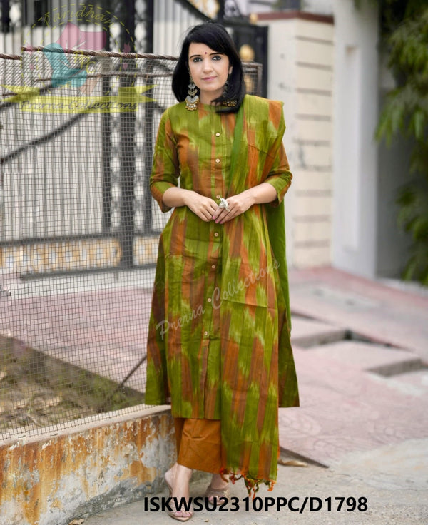 Ikkat Weaved Handloom A-Line Kurti With Handloom Cotton Pant And Dupatta-ISKWSU2310PPC/D1798