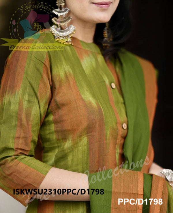 Ikkat Weaved Handloom A-Line Kurti With Handloom Cotton Pant And Dupatta-ISKWSU2310PPC/D1798