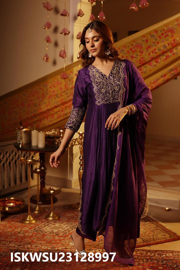 Embroidered Silk Pleated Kurti With Pant And Organza Dupatta-ISKWSU23128996