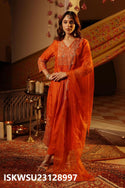 Embroidered Silk Pleated Kurti With Pant And Organza Dupatta-ISKWSU23128996