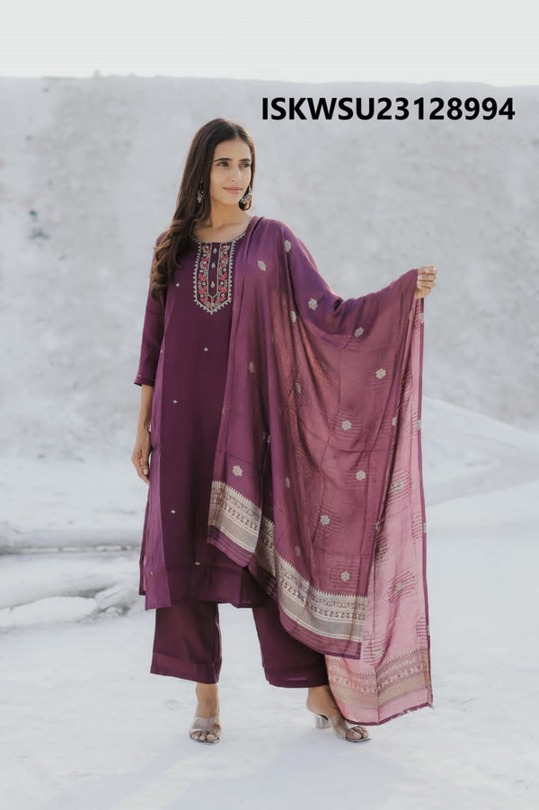 Embroidered Silk Kurti With Pant And Chanderi Silk Dupatta-ISKWSU23128994