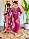 Embroidered Silk Kurti With Pant And Printed Dupatta-ISKWSU23128992