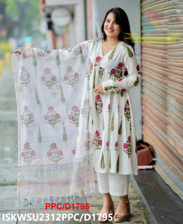 Hand Block Mughal Butta Printed Cotton Anarkali Kurti With Pant And Kota Doriya Dupatta-ISKWSU2312PPC/D1795