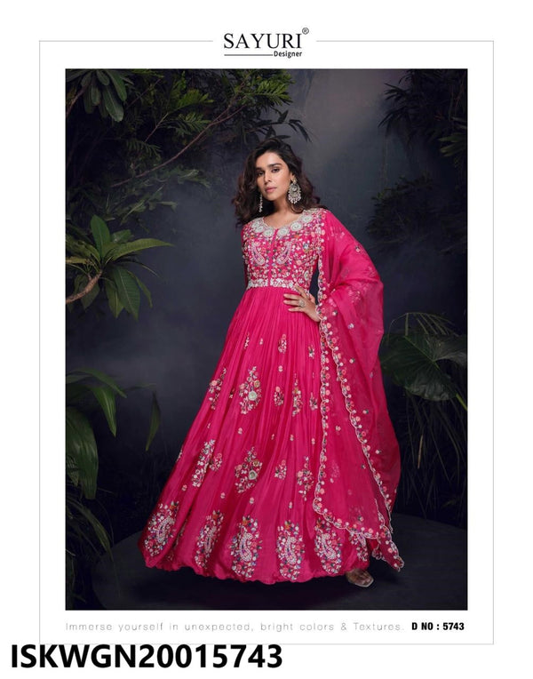 Embroidered Chinon Silk Gown With Organza Dupatta-ISKWGN20015743