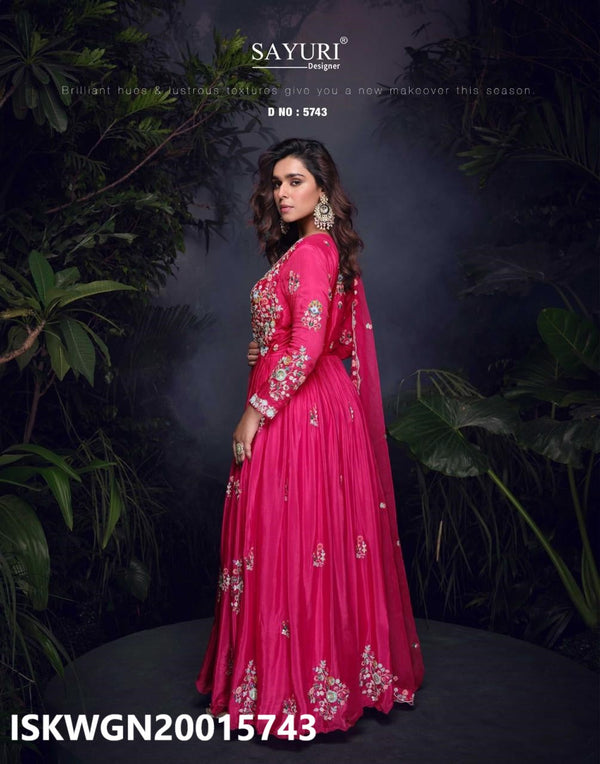 Embroidered Chinon Silk Gown With Organza Dupatta-ISKWGN20015743