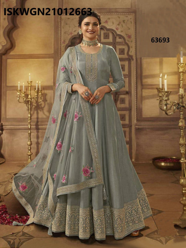 Embroidered Dola Silk Gown With Printed Organza Dupatta-ISKWGN21012663