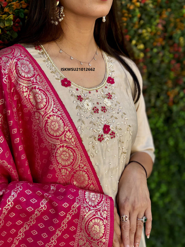 Embroidered Silk Kurti With Pant And Jacquard Banarasi Dupatta-ISKWSU21012662