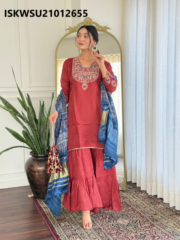 Embroidered Dola Silk Kurti With Sharara And Printed Gaji Silk Dupatta-ISKWSH21012655