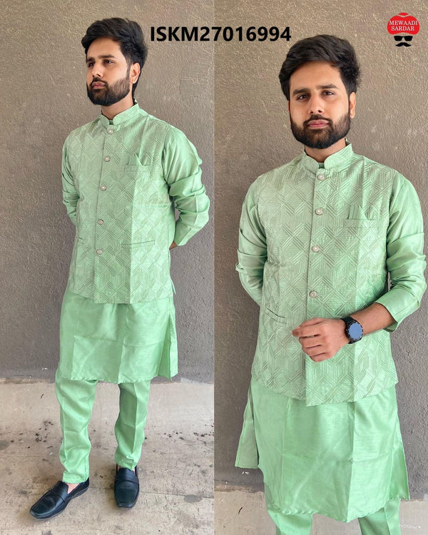 Men's Silk Kurta With Pant And Embroidered Jacket-ISKM27016994