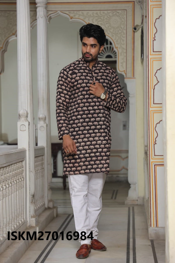 Men's Bagru Hand Block Printed Cotton Kurta With Pajama-ISKM27016984