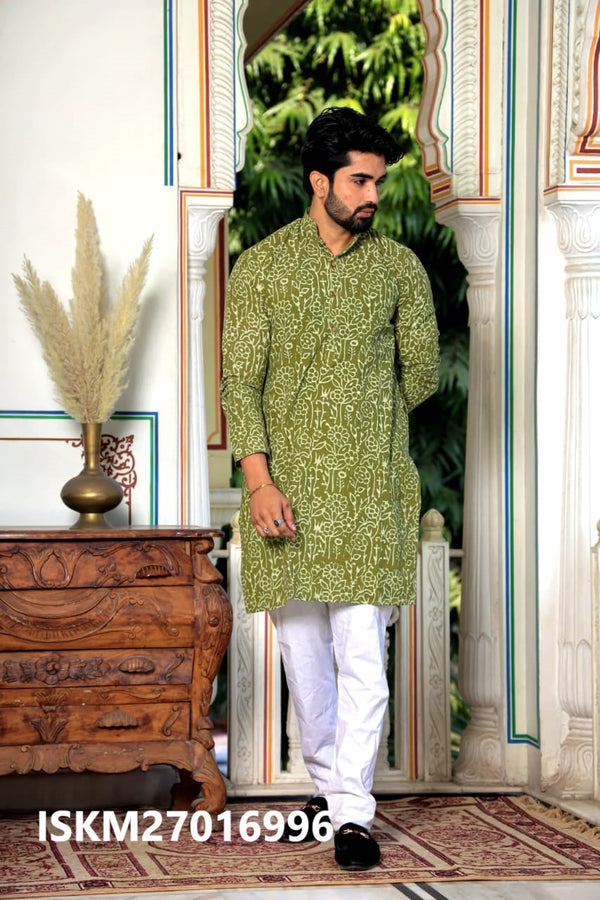 Men's Bagru Hand Block Printed Cotton Kurta With Pajama-ISKM27016996