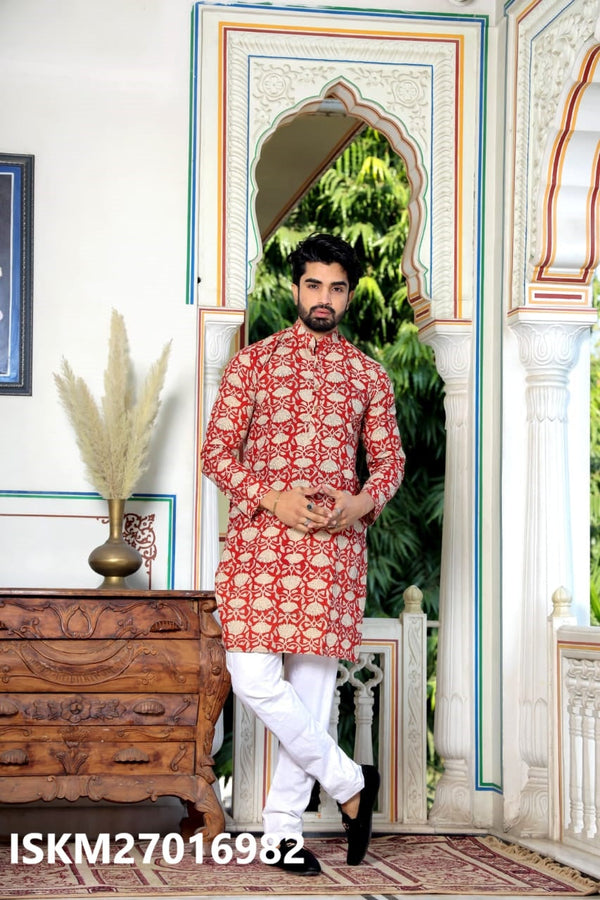 Men's Bagru Hand Block Printed Cotton Kurta With Pajama-ISKM27016982