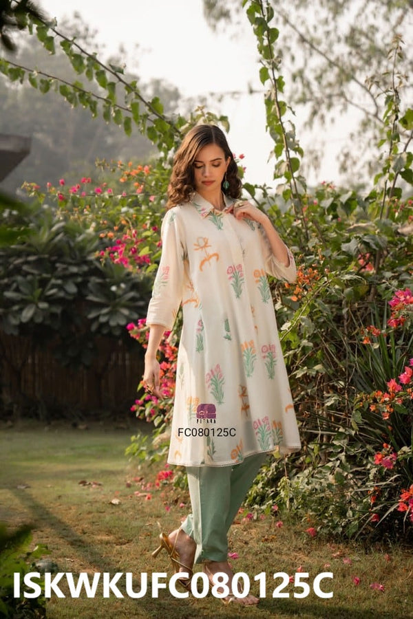 Hand Block Printed Malmal Cotton Kurti With Pant-ISKWKUFC080125C