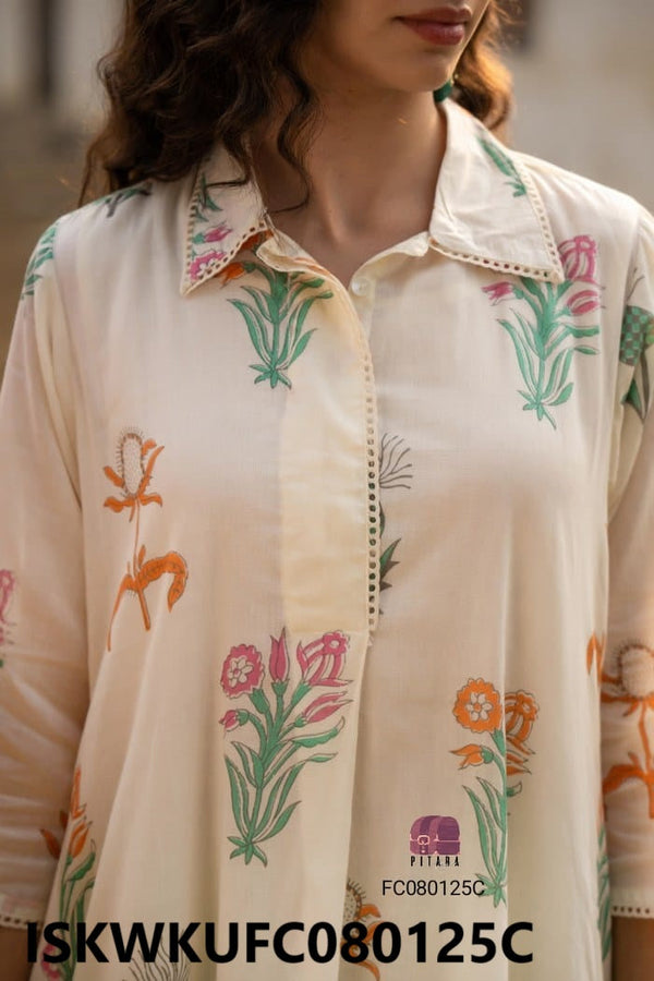 Hand Block Printed Malmal Cotton Kurti With Pant-ISKWKUFC080125C