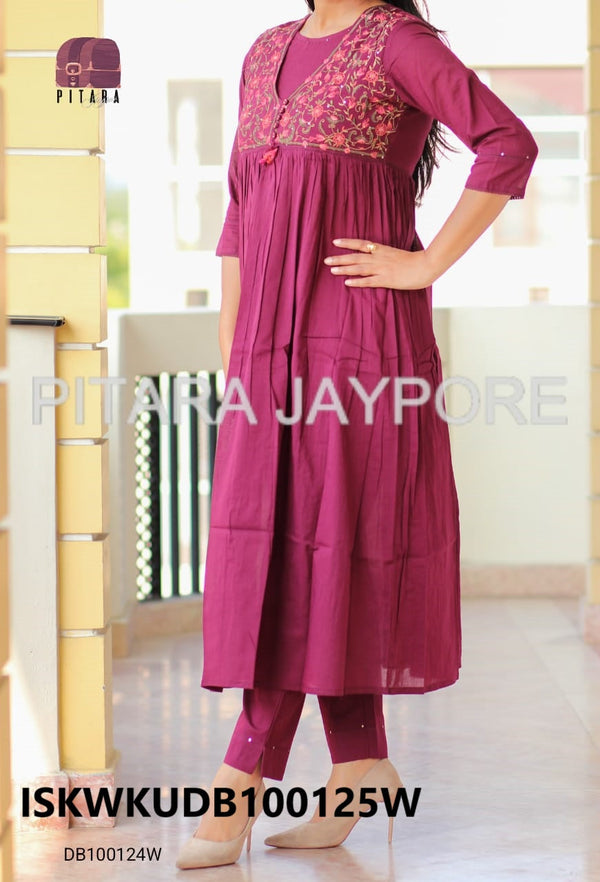 Embroidered Malmal Cotton Kurti With Cotton Pant-ISKWKUDB100125W