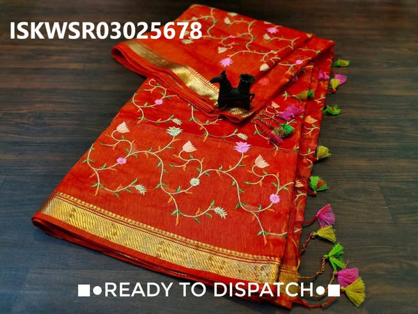 Embroidered Linen Saree With Blouse-ISKWSR03025678