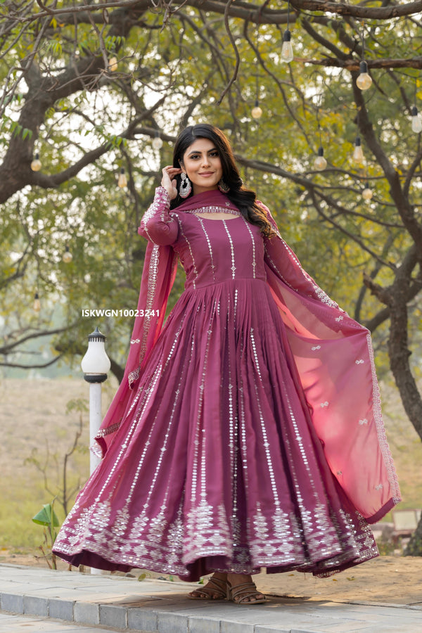 Embroidered Georgette Gown With Dupatta-ISKWGN10023241