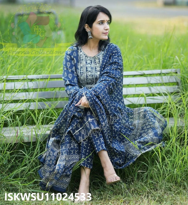 Bagru Printed Cotton Kurti With Pant And Dupatta-ISKWSU11024533