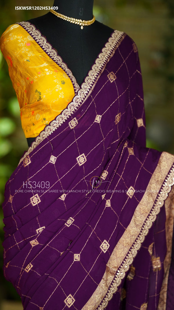 Embroidered Chinon Silk Saree With Contrast Blouse-ISKWSR1202HS3409