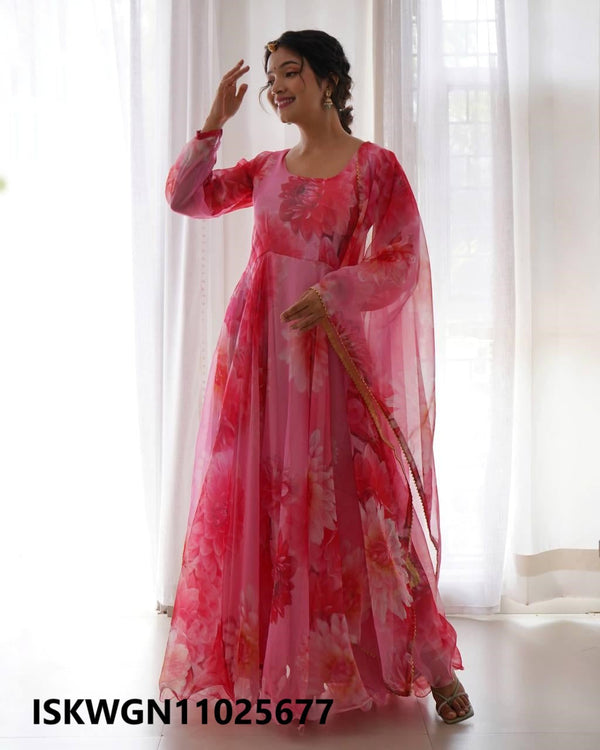 Floral Printed Organza Silk Gown With Dupatta-ISKWGN11025677