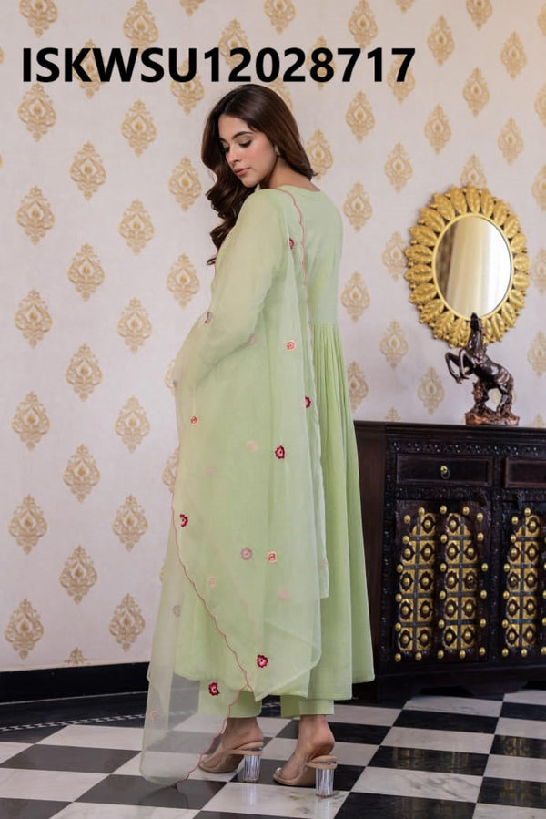 Embroidered Malmal Cotton Anarkali Kurti With Pant And Organza Dupatta-ISKWSU12028717