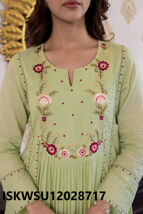 Embroidered Malmal Cotton Anarkali Kurti With Pant And Organza Dupatta-ISKWSU12028717