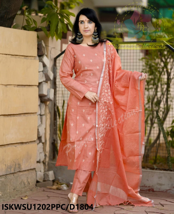 Embroidered Cotton Silk Kurti With Pant And Dupatta-ISKWSU1202PPC/D1804