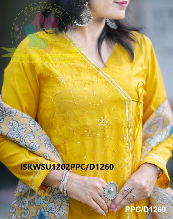 Sequined Chanderi Silk A-Line Kurti With Pant And Kalamkari Printed Dupatta-ISKWSU1202PPC/D1260