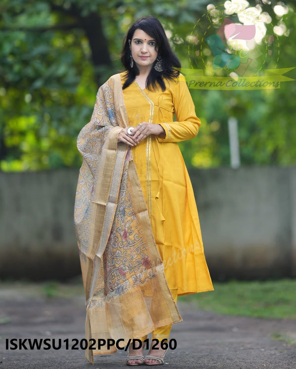 Sequined Chanderi Silk A-Line Kurti With Pant And Kalamkari Printed Dupatta-ISKWSU1202PPC/D1260