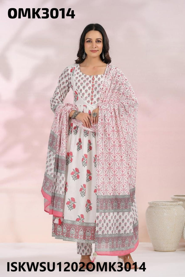 Digital Floral Printed Cotton Anarkali Kurti With Pant And Kota Doriya Dupatta-ISKWSU1202OMK3014