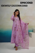 Floral Brush Printed Cotton Anarkali Kurti With Pant And Organza Dupatta-ISKWSU1202OMK3060