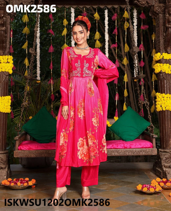 Digital Floral Printed Crepe Anarkali Kurti With Palazzo And Ombre Chiffon Dupatta-ISKWSU1202OMK2586