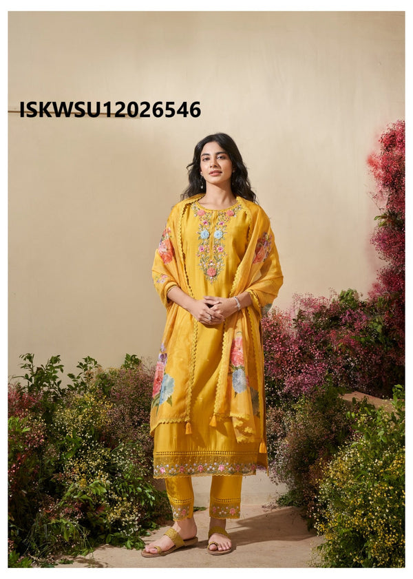 Embroidered Cotton Kurti With Pant And Floral Printed Dupatta-ISKWSU12026546