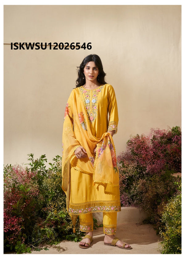 Embroidered Cotton Kurti With Pant And Floral Printed Dupatta-ISKWSU12026546