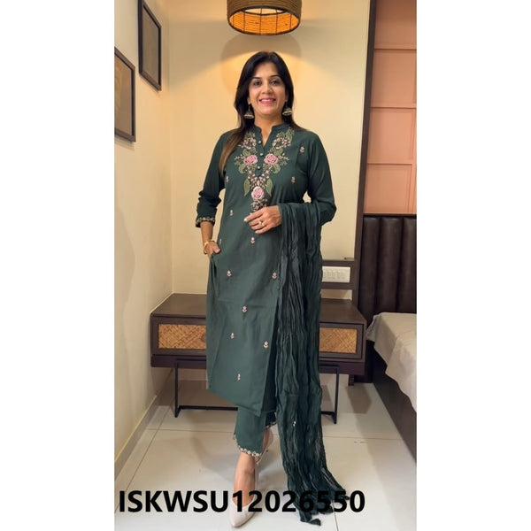 Embroidered Cotton Kurti With Pant And Dupatta-ISKWSU12026550