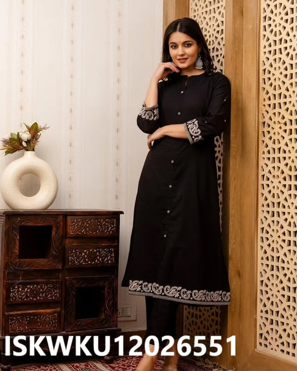 Embroidered Cotton Anarkali Kurti With Pant-ISKWKU12026551